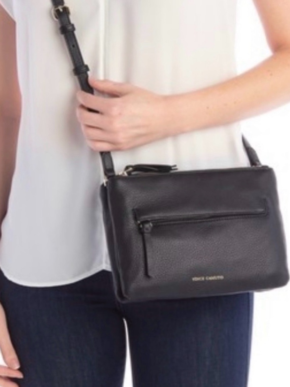 Vince Camuto Black Pebble Leather Crossbody Bag Triple Compartment Organizer - Picture 7 of 7